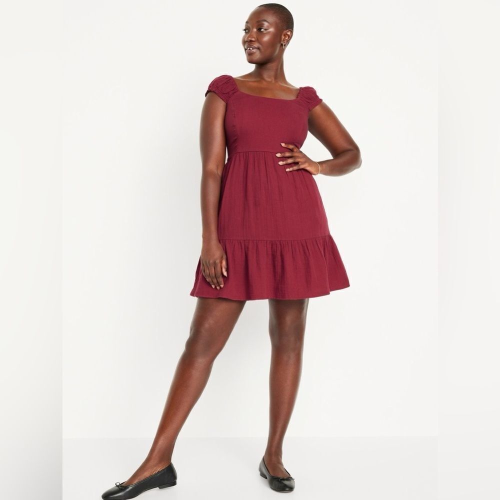 Old Navy Fit & Flare Puff Sleeve Gauzy Cotton Dark Red Mini Dress Size Medium